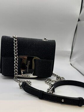 Salvatore Ferragamo Vara Rainbow Black Glitter Sparkle Bag Silver Clasp Chain